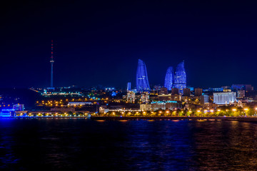 Wall Mural - Baku downtown and flame towers at night