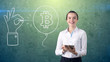 © Roman King - Woman standing near btc logo. Concept of virtual criptocurrency bitcoin dawnfall and correction.