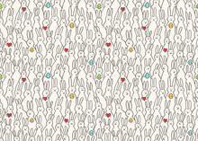Funny Bunny Seamless Pattern. Illustration Of Cute Easter Bunnies With Easter Eggs And Hearts. Bright Easter Background For Textile, Fabric, Covers, Scrapbooking, Wallpapers, Print, Gift Wrapping.