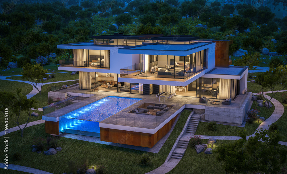 3d rendering of modern house by the river at night Stock Illustration ...