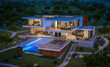 © korisbo - 3d rendering of modern house by the river at night