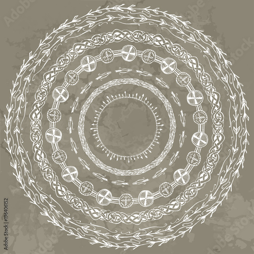 Fotografia, Obraz set of stylized round frameworks from hand drawing Scandinavian Viking motifs, f