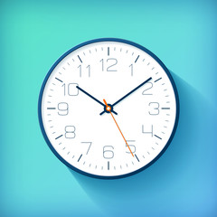 Poster - Realistic simple Clock in flat style with numbers, watch on blue and green background. Business illustration for you presentation. Vector design object