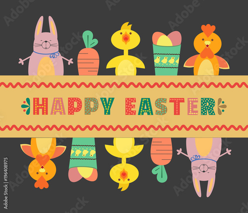 Easter Day Cute Poster Rabbit Bunny Chicken Eggs Happy