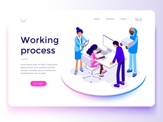 Fototapete - People work in a team and achieve the goal. Business processes and office situations. Landing page template. 3d vector isometric illustration.