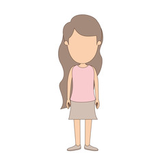 light color caricature faceless full body girl with wavy long hair in skirt vector illustration