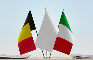 Flags of Belgium and Italy with a white flag in the middle