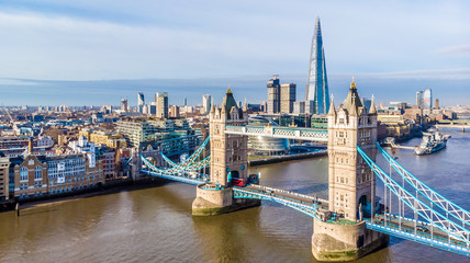 Aerial view on Tower Bridge and Shard in sunny day, London