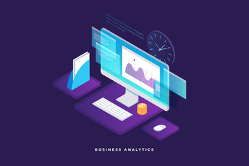 business strategy and planning. data and investments. business success. computer monitor with infogr