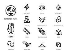 Nutrition Facts Icon Concept Clean Minimal Style Set Version 2. Flat Line Symbols Of Nutrients Are Common In Food Products Collection.
