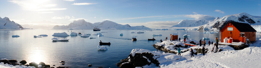 snowy views from the brown station on paradise harbor / island in antarctica.