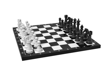 Poster - 3d rendering of a chess board with a full set of figures in the starting position.
