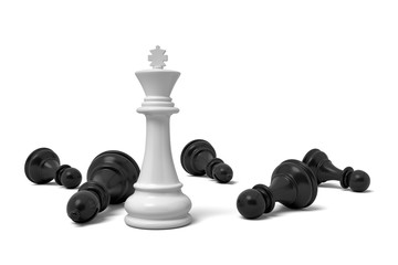 Poster - 3d rendering of a single standing white chess king piece among many fallen black pawns.