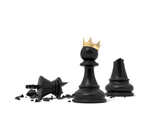 Poster - 3d rendering of a black chess pawn wearing a gold crown and standing near a broken black king piece.