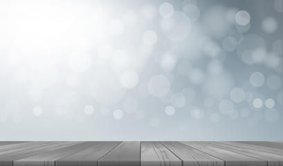 wood table top and light blurred bokeh background used for montage. vector illustration.
