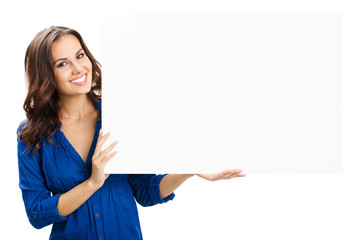 Young woman with blank signboard, on white