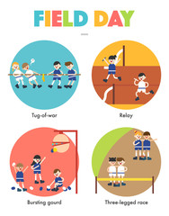 Wall Mural - field day, cute children are playing games. vector flat design illustration set