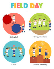 Wall Mural - field day, cute children are playing games. vector flat design illustration set