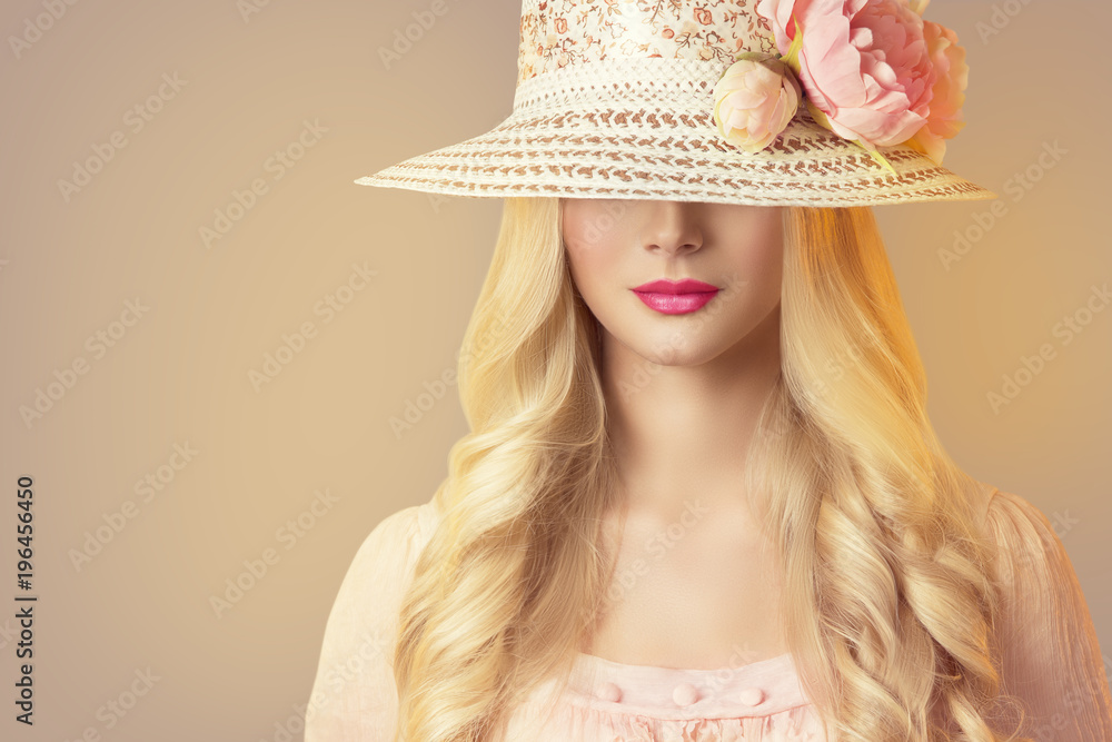 Fashion Model In Broad Brim Hat With Peony Flowers Beautiful Woman Retro Makeup Red Lips And Long Hair Wall Mural Inarik Fashion Model In Broad Brim Hat With Peony Flowers Beautiful Woman Retro Makeup Red Lips And Long Hair Wall Mural Inarik
