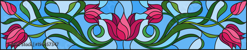 Dekoracja na wymiar  ilustracja-w-stylu-witrazu-z-kwiatami-liscmi-i-pakami-rozowych-tulipanow-na-niebiesko