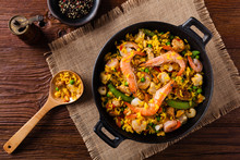 Traditional Spanish Paella With Seafood And Chicken.