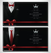 Set of black tuxedo business card templates with men's suits and red tie