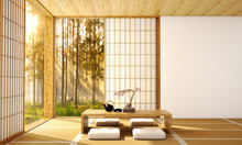 Interior Design,modern Living Room With Table,wood Floor And Tatami Mat And Traditional Japanese Door On Best Window View ,was Designed Specifically In Japanese Style, 3d Illustration, 3d Rendering
