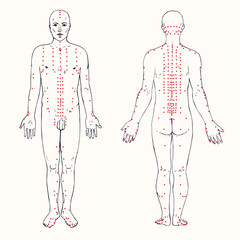body set (front and back) acupuncture scheme with red points, hand drawn doodle, sketch in pop art s