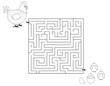black and white maze game with hen and chicks / vector illustration for children 