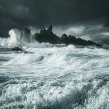 Waves Crashing Along Rocky Coastline, County Antrim, Northern Ireland, UK