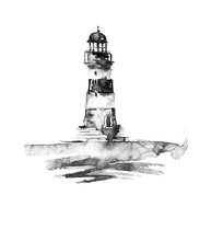 Watercolor Illustration Of Lighthouse. Black And White Picture, Monochrome, Black Silhouette. Sea Landscape. Art Illustration, Greeting Card. Beautiful Tower.