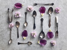 Antique Silver Cutlery, Flower Heads And Flower Petals