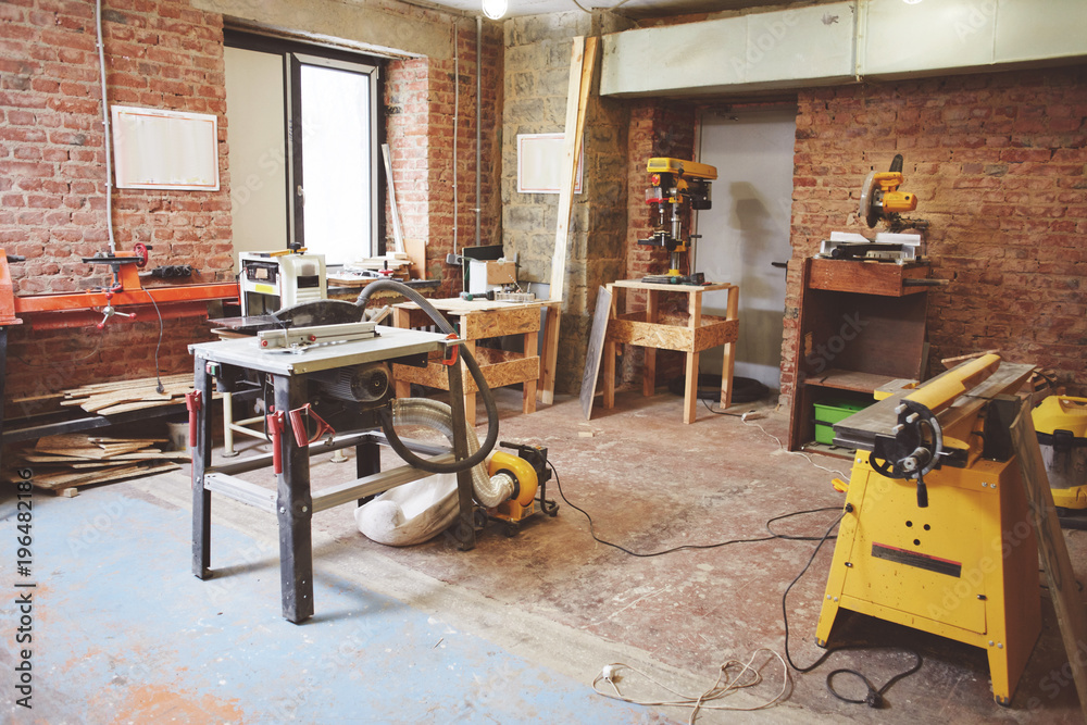 Carpentry workshop with equipment - obrazy, fototapety, plakaty 