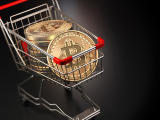 Poster - Bitcoin BTC coins in the shopping cart on black background. Cryptocurrency market concept.