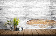 Mock up old brick wall with wooden top table