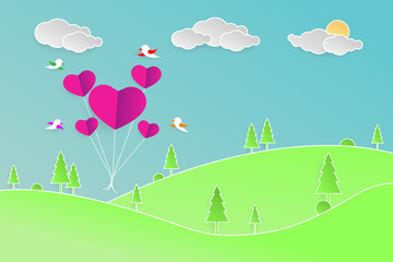 Wall Mural - Pink heart Balloon shape flying to sky,Vector illustration. paper art and digital craft style