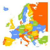 Fototapeta Mapy - Map of Europe with names of sovereign countries, ministates and Kosovo included. Simplified vector map in four colors theme on white background.