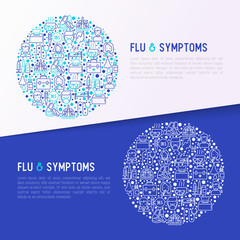 Wall Mural - Flu and symptoms concept in circle thin line icons: temperature, chills, heat, runny nose, doctor with stethoscope, nasal drops, cough, phlegm in the lungs. Vector illustration, web page template.