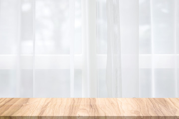 Poster - Empty wooden desk in the morning natural scene. Morning backdrops for your product.