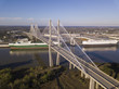 Aerial view of Talmadge bridge, a suspension bridge over the Savannah River in Georgia.