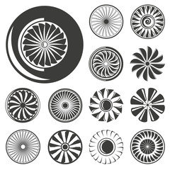 jet engine, turbine and engine blade icons