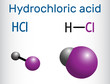 Hydrochloric acid ( hydrogen chloride)  molecule .  It is a corrosive, strong mineral acid. Structural chemical formula and molecule model