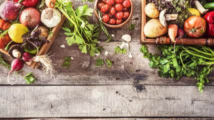 Organic vegetables healthy nutrition concept on wooden background