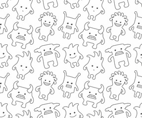  seamless monsters pattern. thin line style. isolated on white background