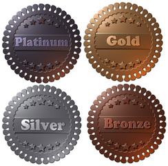 Set of four 3D winner metallic badges, seals or buttons. 3D rendered medals, platinum gold silver and bronze. 