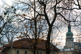 Fototapeta Paryż - old church tower in front of tree without leaves. autumn season.