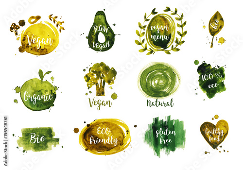 Watercolor Green Vegan Badges And Logos On White Isolated