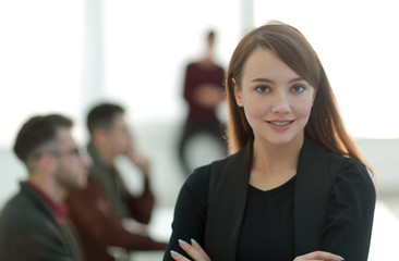 Sticker - business woman on blurred background office