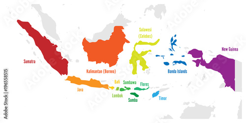 Fotografía Main islands of Indonesia. Vector map with names.