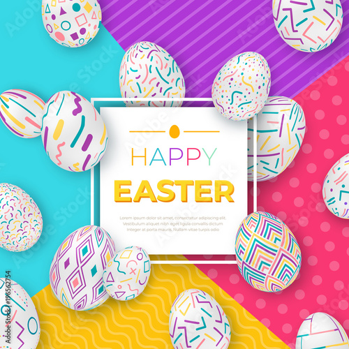 Easter Background With Square Frame And Colorful Ornate Eggs On